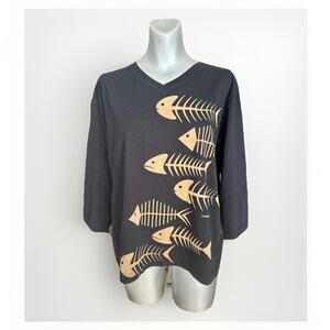 Marushka Fishbone Graphic Shirt Black Tan 100% Cotton XL 3/4 Sleeve V-Neck
